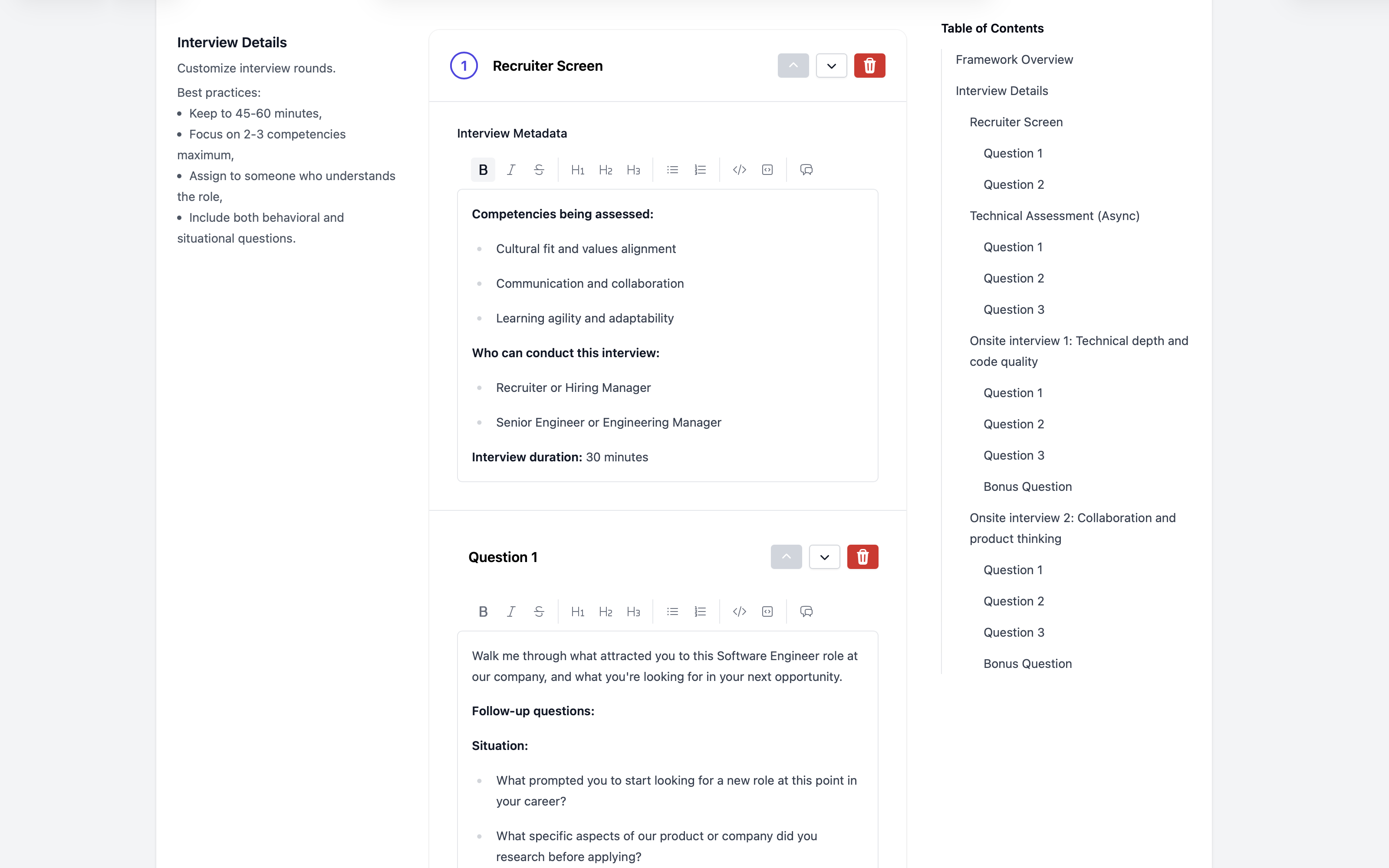 Edit interview questions and scoring criteria directly in the guide editor
