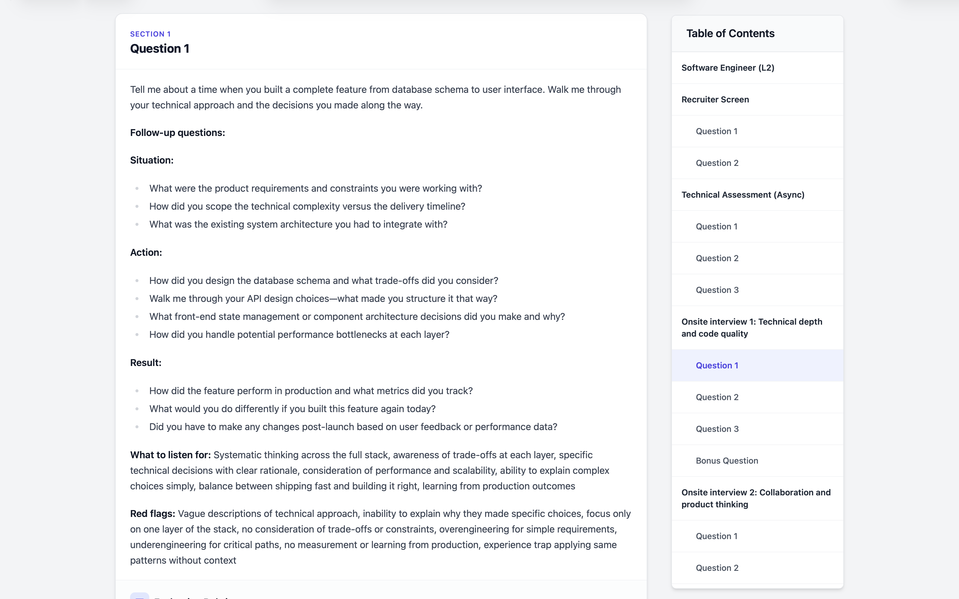 Interview question with follow-up prompts and evaluation criteria